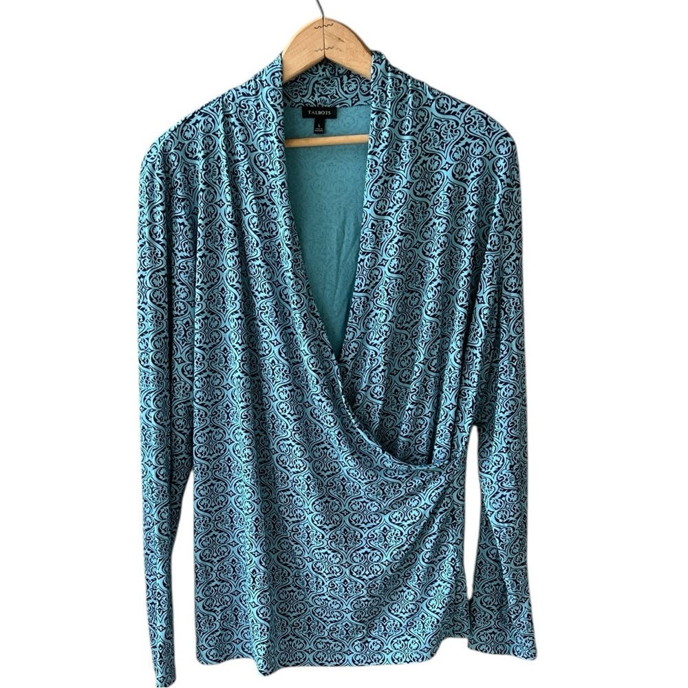 Talbots Sz L Turquoise Navy Paisley Faux Wrap Long Sleeve Stretch Jersey Blouse